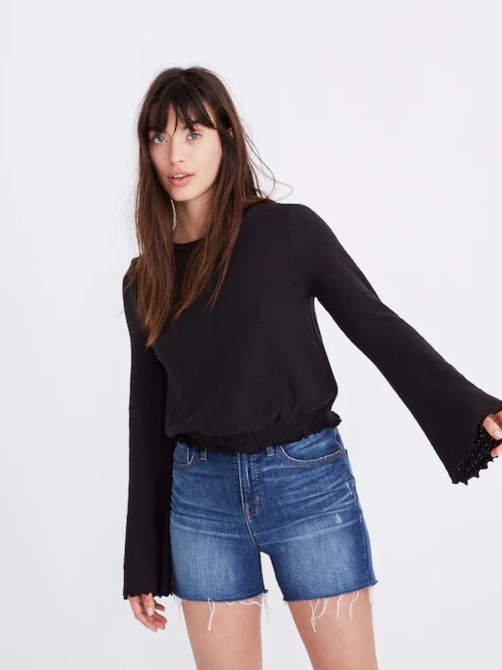 Madewell Texture & Thread Smocked Bell-Sleeve Top True Black Size XS